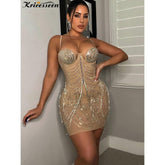 Chic Rhinestone Tassel Mini Dress - Women's Sexy Strap Bodycon Clubwear